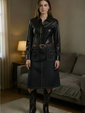 Peter Nygard Black Faux-Leather Button-Front Shirt Jacket